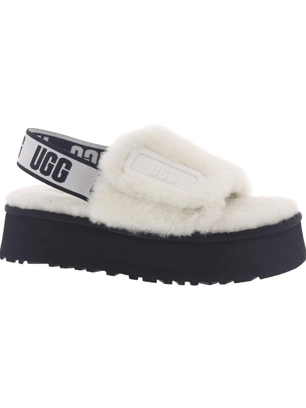 UGG Disco White Fluff Platform Slide Logo Slingback